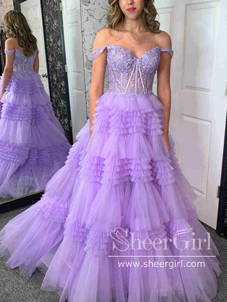 Off the Shoulder Appliqued Bodice Layered Tulle Ball Gown Ruffle Prom Dress ARD3027-SheerGirl