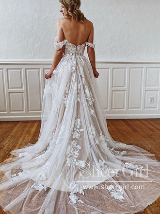 Off the Shoulder Floral Lace Beach Wedding Dresses A Line Rustic Boho Wedding Dress AWD2010-SheerGirl