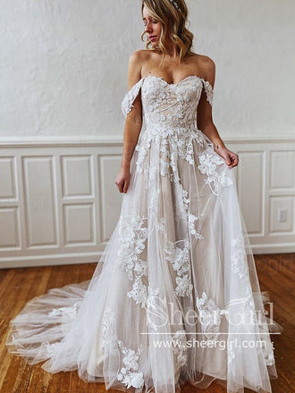 Off the Shoulder Floral Lace Beach Wedding Dresses A Line Rustic Boho Wedding Dress AWD2010-SheerGirl