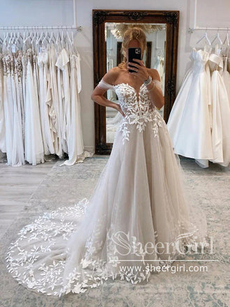 Off the Shoulder Leaves Lace Beach Wedding Dresses Rustic Boho Wedding Dress AWD1978-SheerGirl