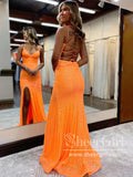 Orange High Slit Party Dress Mermaid Evening Dress Long Prom Dress Floral Sparkly Sequins ARD3104-SheerGirl