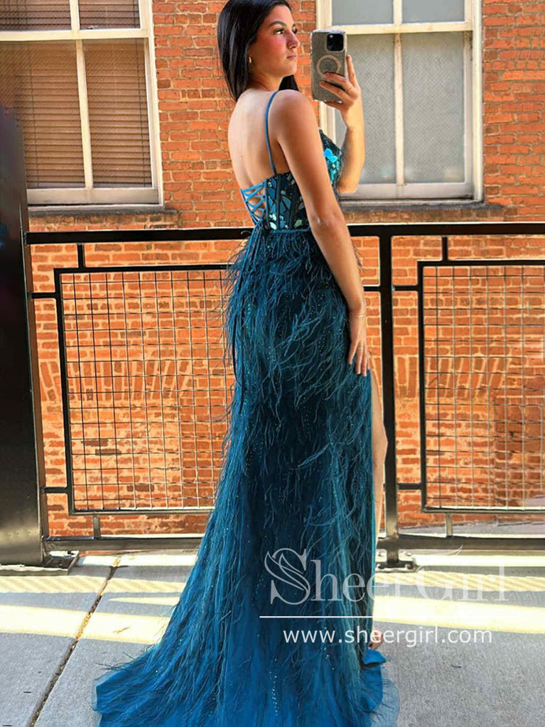 Peacock Mirror Sequins Bodice Sheath Prom Dress High Slit Party Dress with Feather ARD3037-SheerGirl