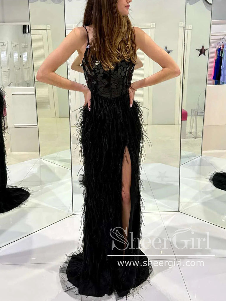 Peacock Mirror Sequins Bodice Sheath Prom Dress High Slit Party Dress with Feather ARD3037-SheerGirl