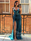Třpytivé plesové šaty na špagetové ramínko s rozparkem Formální šaty s péřovou ozdobou ARD2908 