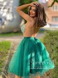 Peacock V Neck Short Hoco Dress See Through Lace Appliqued Homecoming Dresses ARD2959-SheerGirl
