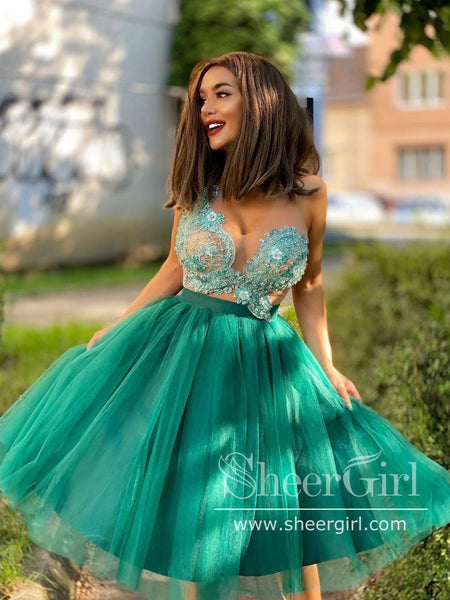 short see through dresses Lace Applique Short Mini Homecoming Dresses Princess See Through Party Dress ARD1375