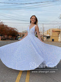 Pearl White V Neck Sparkly Prom Dresses A Line Formal Dress Ball Gown Party Dress ARD2932-SheerGirl