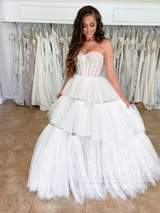 Pleated Tulle Detachable Puff Sleeves Sweetheart Neck Ball Gown Floor Length Wedding Dress AWD1969-SheerGirl