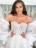 Pleated Tulle Detachable Puff Sleeves Sweetheart Neck Ball Gown Floor Length Wedding Dress AWD1969-SheerGirl