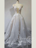 Plunge V Neck Leaves Lace Wedding Gown Beach Wedding Dress AWD1989-SheerGirl
