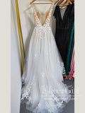 Plunge V Neck Leaves Lace Wedding Gown Beach Wedding Dress AWD1989-SheerGirl