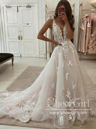 Plunge V Neck Leaves Lace Wedding Gown Beach Wedding Dress AWD1989-SheerGirl