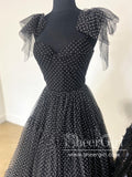 Polka Dots Tulle Sweetheart Neck Ball Gown Black Prom Gown with Bow Tie Straps ARD3062-SheerGirl
