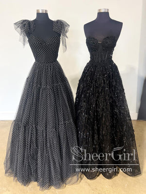 Polka Dots Tulle Sweetheart Neck Ball Gown Black Prom Gown with Bow Tie Straps ARD3062-SheerGirl