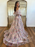 Print Garden Flower Tulle Prom Gown Ruffled Formal Dress Prom Dress with Detachable Sleeves ARD2886-SheerGirl