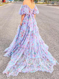 Print Garden Flower Tulle Prom Gown Ruffled Formal Dress Prom Dress with Detachable Sleeves ARD2886-SheerGirl