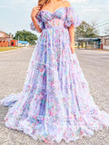Print Garden Flower Tulle Prom Gown Ruffled Formal Dress Prom Dress with Detachable Sleeves ARD2886-SheerGirl