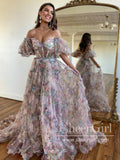 Print Garden Flower Tulle Prom Gown Ruffled Formal Dress Prom Dress with Detachable Sleeves ARD2886-SheerGirl