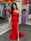 Red Single Shoulder Rhinestones Party Dress Mermaid Long Prom Dress with High Slit ARD3094-SheerGirl