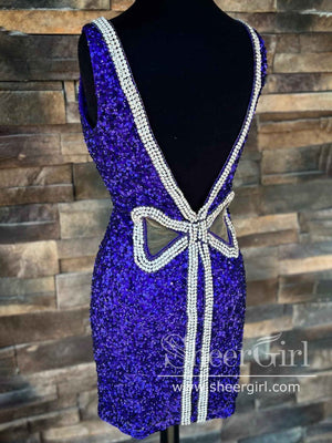 Rhinestones Bow Tie Royal Blue Sparkly Cocktail Dress Mini Homecoming Dress ARD2998-SheerGirl