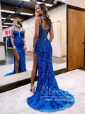 Royal Blue Glitter Sequins Mermaid Sparkly Prom Dresses with Slit Sheath Formal Dress ARD2958-SheerGirl