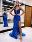 Královské modré třpytivé flitry Mořská panna Třpytivé plesové šaty s rozparkem formální šaty ARD2958 