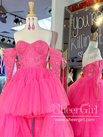 Ruffle Tulle High Low Ball Gown Strapless Tiered Lace Corset Bodice Prom Dress with Detachable Sleeves ARD2955-SheerGirl