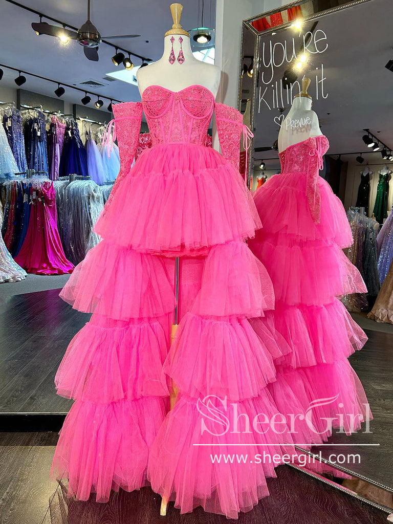 Ruffle Tulle High Low Ball Gown Strapless Tiered Lace Corset Bodice Pr –  SheerGirl