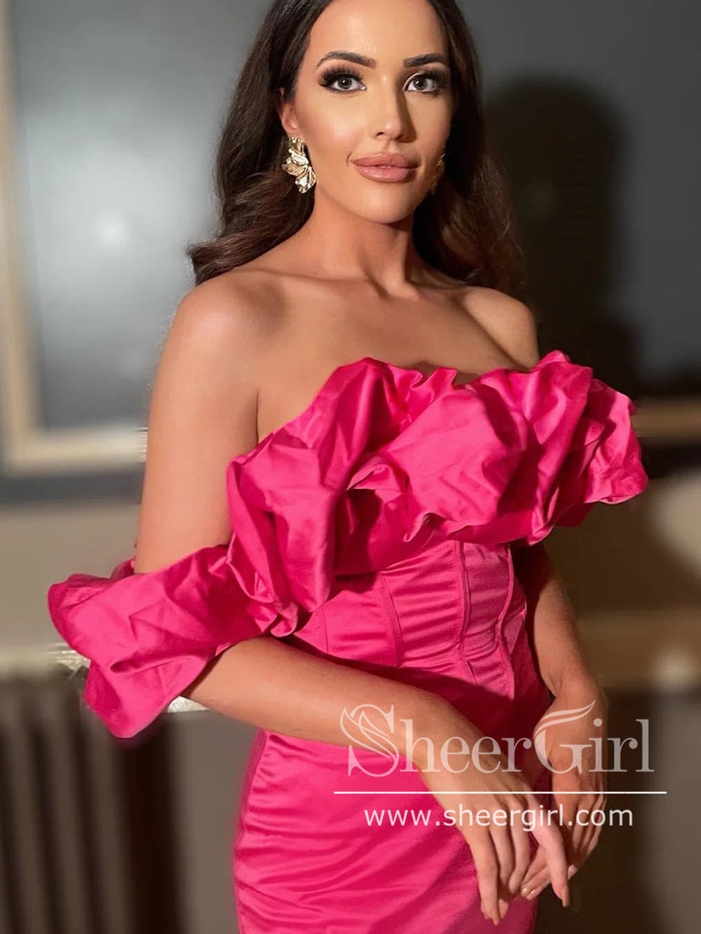 Ruffled Neckline Hot Pink Satin Short Prom Dress Off the Shoulder Homecoming Dress ARD3003-SheerGirl