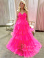 Ruffled Tiered Tulle Ball Gown Dress Hot Pink Floor Length Prom Dress ARD3048