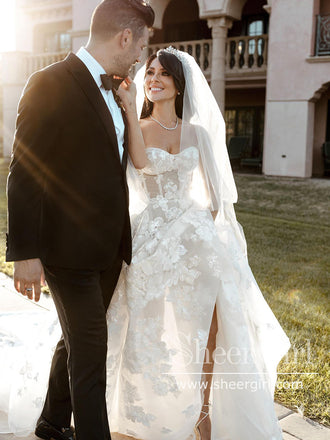 Rustic Wedding Dresses See Through Tulle Beach Wedding Dress Strapless Sweetheart Neck Big Floral Lace Wedding Gown AWD1955-SheerGirl