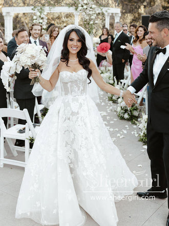 Rustic Wedding Dresses See Through Tulle Beach Wedding Dress Strapless Sweetheart Neck Big Floral Lace Wedding Gown AWD1955-SheerGirl