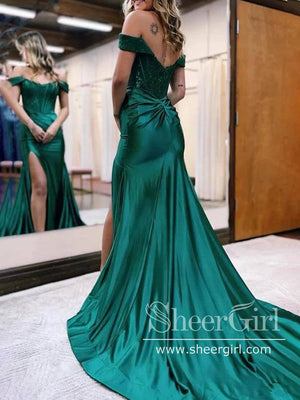 Satin Sparkly Prom Gown Sequins Bodice Saprkly Off the Should Party Dress ARD3055-SheerGirl