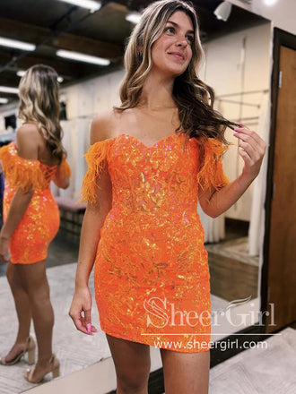 Sequins Lace Homecoming Dress Off the Shoulder Short Dresses with Feather ARD3129-SheerGirl