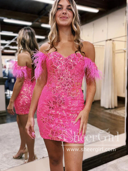 hot pink homecoming dress with feathers Sequins Lace Off the Shoulder Short Dresses Feather ARD3129 Collection Top