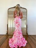 Sequins Lace V Neck Hot Pink Prom Gown Sparkly Mermaid Prom Dress ARD3090-SheerGirl