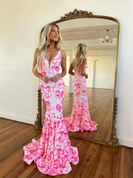 Sequins Lace V Neck Hot Pink Prom Gown Sparkly Mermaid Prom Dress ARD3 SheerGirl Sequins Lace V Neck Hot Pink Prom Gown Sparkly Mermaid Prom Dress ARD3 SheerGirl