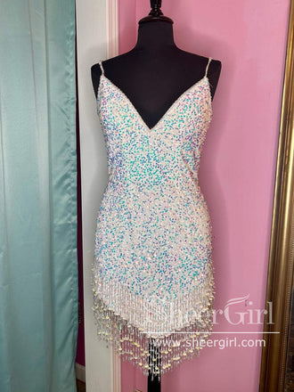 Sequins Short Homecoming Dress V Neck Sparkly Cocktail Dress with String Beaded Hem ARD2992-SheerGirl