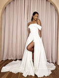 Simple Ivory Wedding Dress Off the Shoulder Bridal Dress With Leg Slit AWD1972-SheerGirl