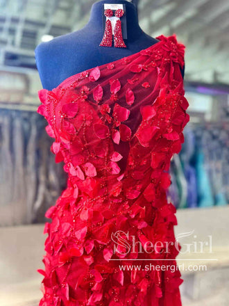 Single Shoulder Prom Dresses Leaves Lace Long Formal Dress Tulle Party Dress ARD3038-SheerGirl