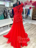 Single Shoulder Prom Dresses Leaves Lace Long Formal Dress Tulle Party Dress ARD3038-SheerGirl
