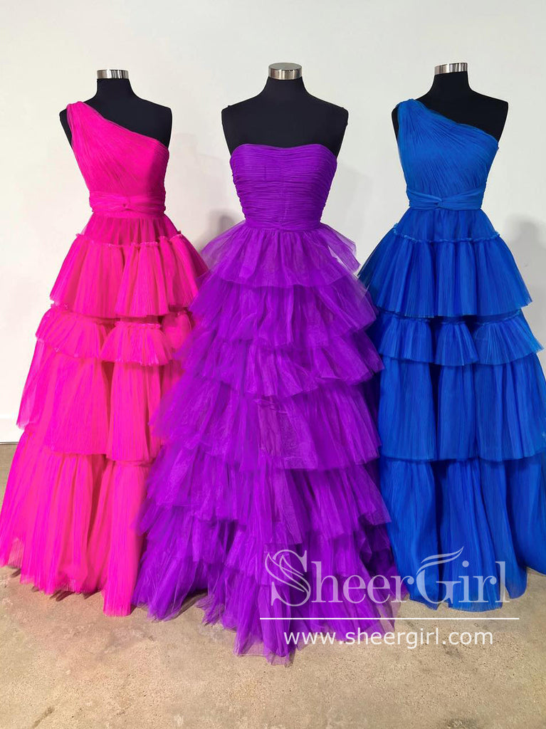 Single Shoulder Ruffle Tulle Floor Length Ball Gown Tiered Tulle Prom Dress ARD3045-SheerGirl