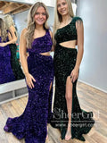 Single Shoulder Sequins High Slit Party Dress Mermaid Long Prom Dress with Feather ARD3022-SheerGirl