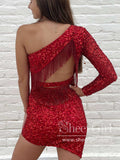 Single Shoulder Short Homecoming Dress Hot Pink Sequins Short Party Dress ARD2961-SheerGirl