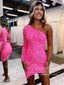 Single Shoulder Short Homecoming Dress Hot Pink Sequins Short Party Dress ARD2961