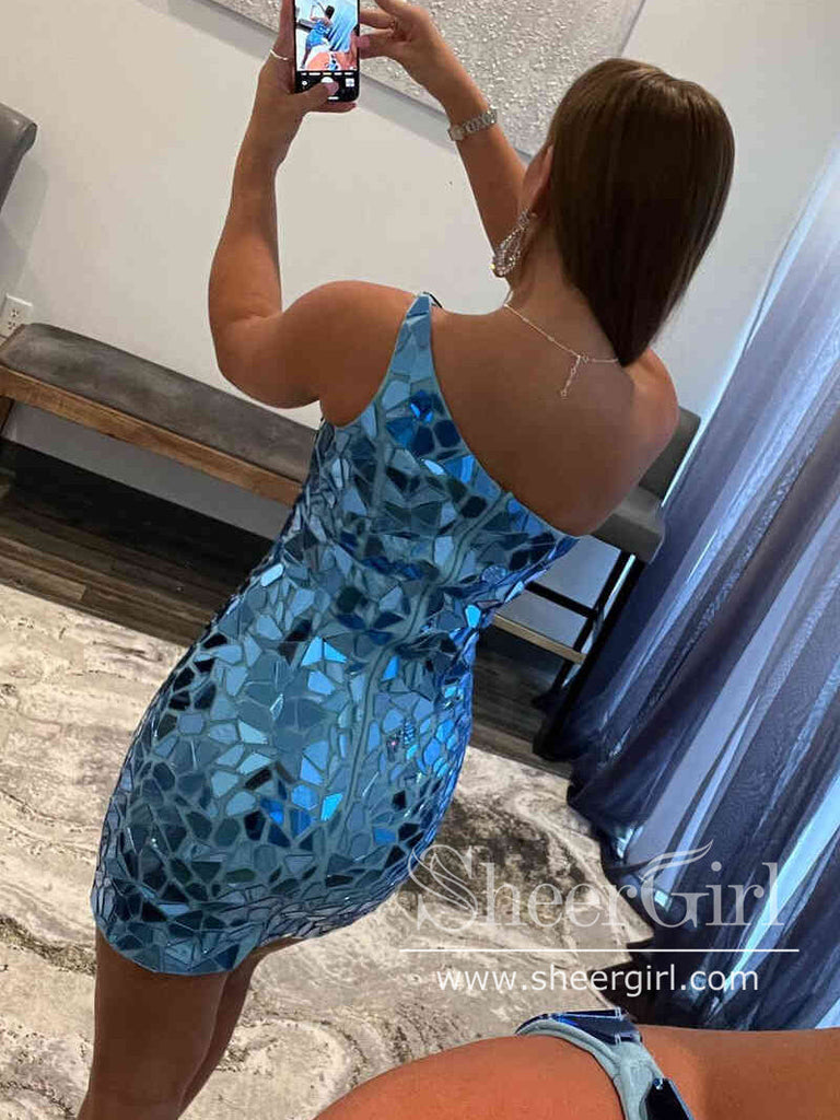 Single Shoulder Short Prom Dress Mirror Geometric Sequins Sparkly Homecoming Dress ARD3018-SheerGirl