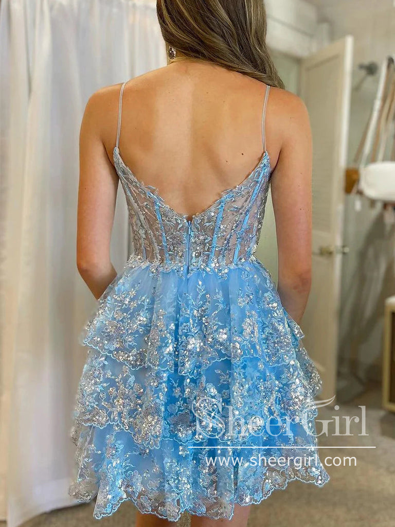 Sky Blue Sweetheart Neck Layered Sequins Lace Homecoming Dress Short Prom Dress ARD2985-SheerGirl