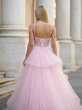 Spaghetti Straps A-line Lace Appliqued Pink Prom Dresses Ball Gowns ARD3182-SheerGirl