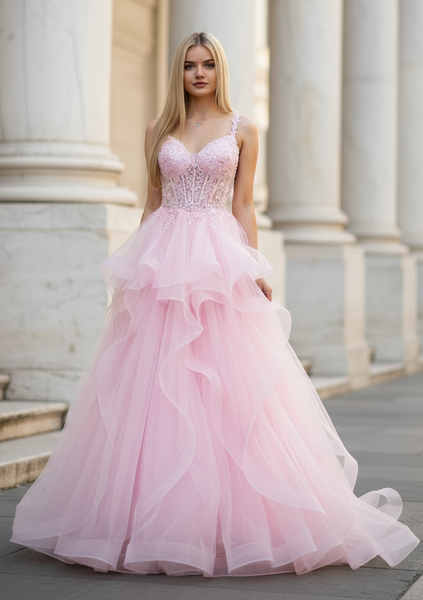 prom ball gown dress Spaghetti Straps A-line Lace Appliqued Pink Prom Dresses Ball Gowns ARD3182