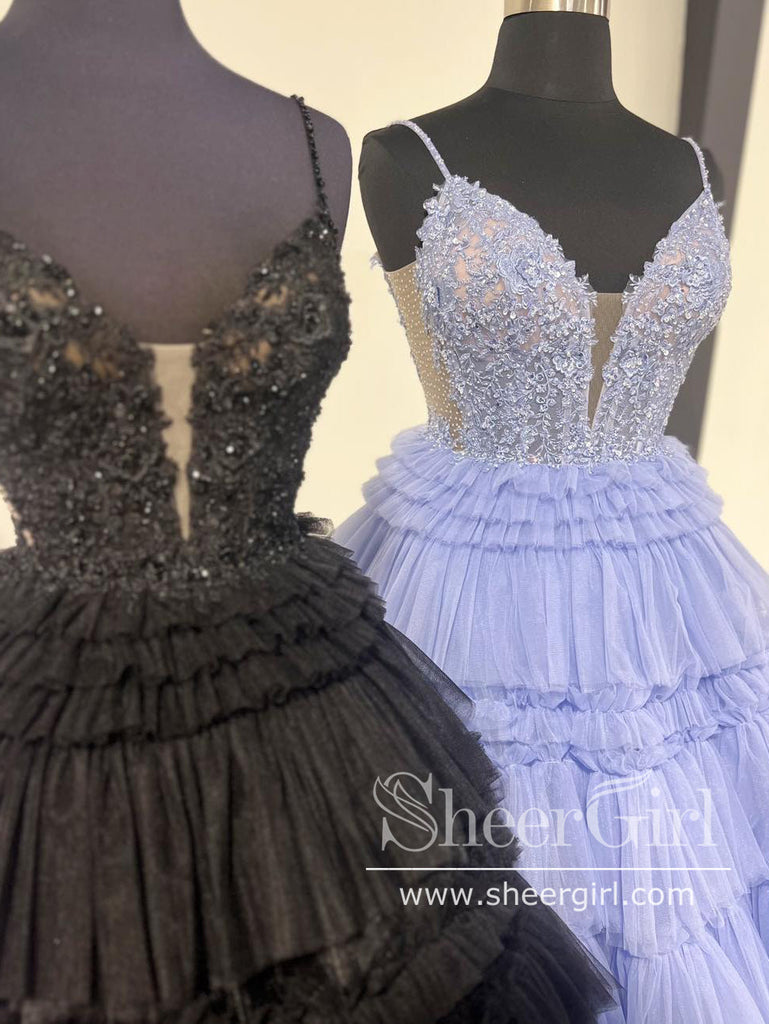 Spaghetti Straps Appliqued Bodice Layered Tulle Ball Gown Ruffle Prom Dress ARD3044-SheerGirl